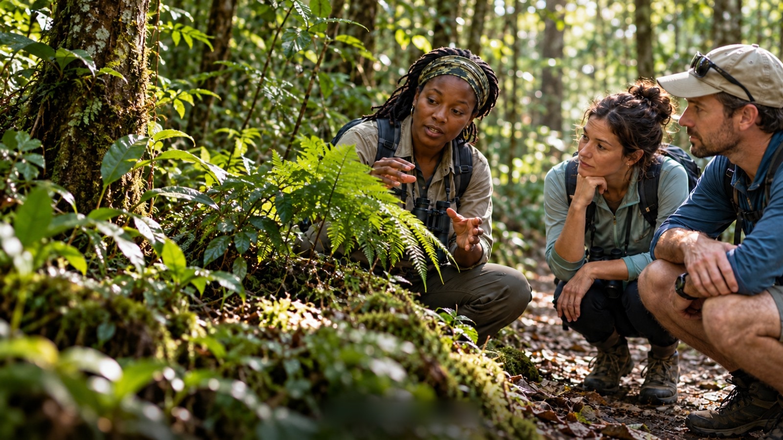 A guide showing ferns to two visitors crouched on a forest trail